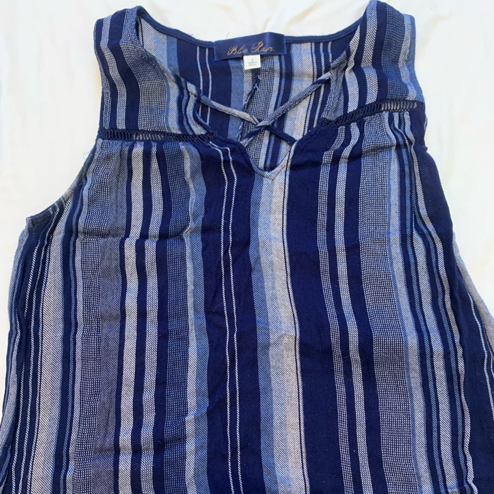 Boutique blue striped blouse with criss cross neckline